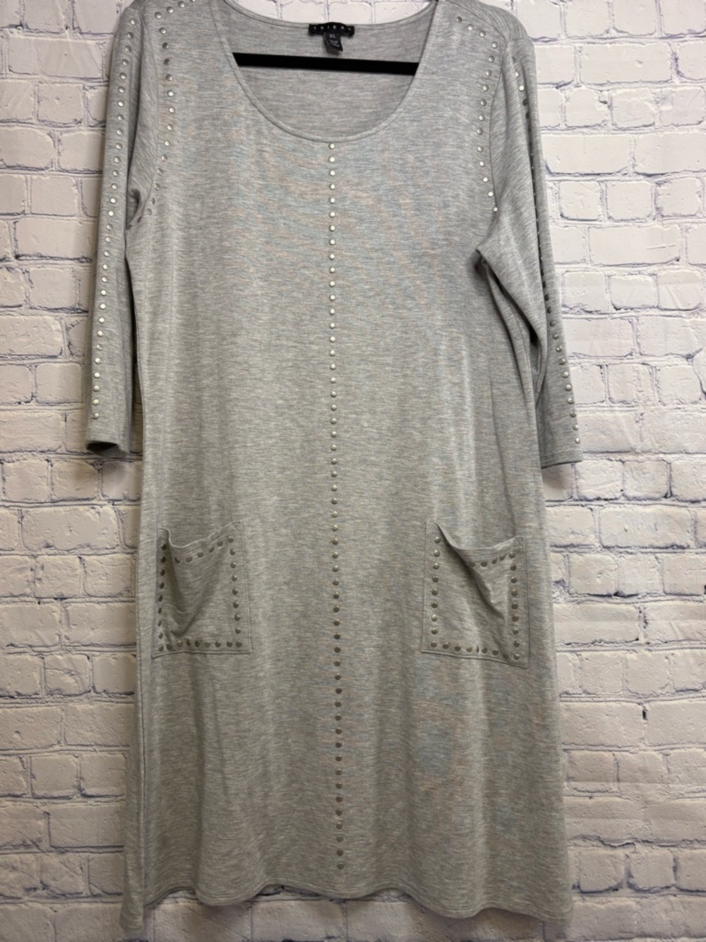 Tribal Heather Gray Studded Casual Travel Vacation Comfy Shift Jersey Dress L